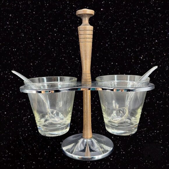 Mid Century Modern MCM Glass & Teak Condiment Server Vintage Relish Caddy Spoons - Picture 1 of 13